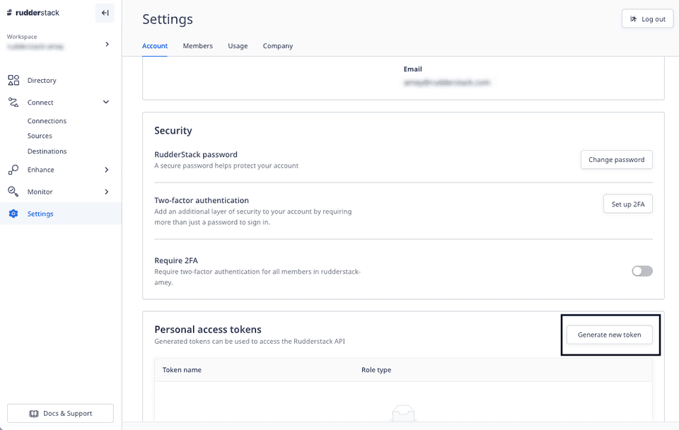 New personal access token in RudderStack dashboard